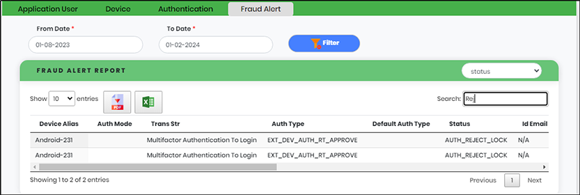 Support Desk screen Displaying Fraud Alert Tab search result - CyLock